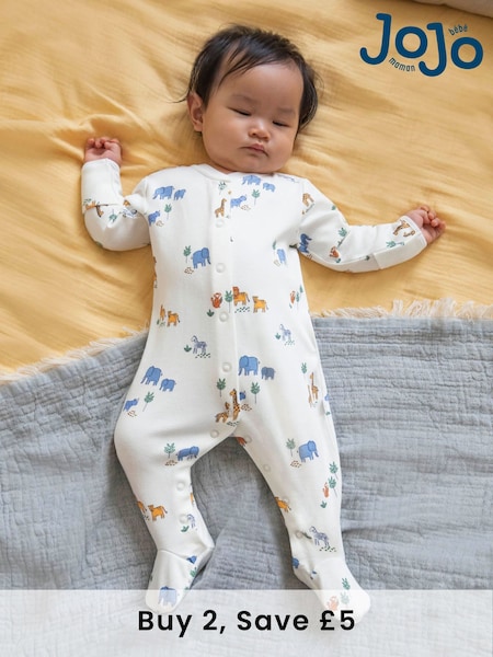 JoJo Maman Bébé Cream Safari Print Cotton Baby Sleepsuit (325547) | £21