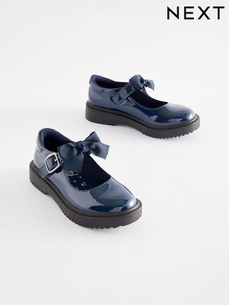 Navy Patent Standard Fit (F) Bow Chunky Mary Jane School Shoes (408214) | £26 - £33