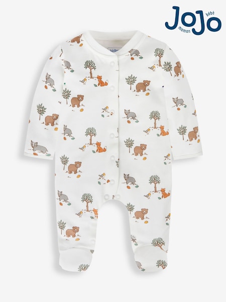 JoJo Maman Bébé Cream Woodland Print Cotton Baby Sleepsuit (557845) | £21