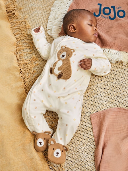JoJo Maman Bébé Cream Bear Appliqué Zip Cotton Baby Sleepsuit (725894) | £22