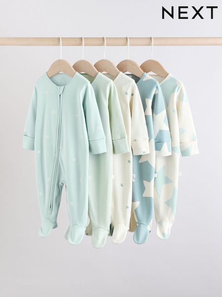 Sage Green 100% Cotton Two Way Zip Baby Sleepsuits 5 Pack (0mths-2yrs) (AA5965) | £31 - £33