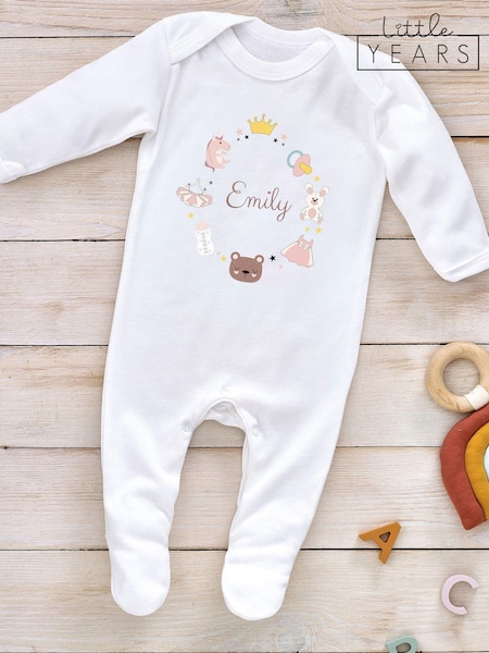Little Years Girly Personalised All Things Icon 100% Cotton White Sleepsuit (AB8566) | £16