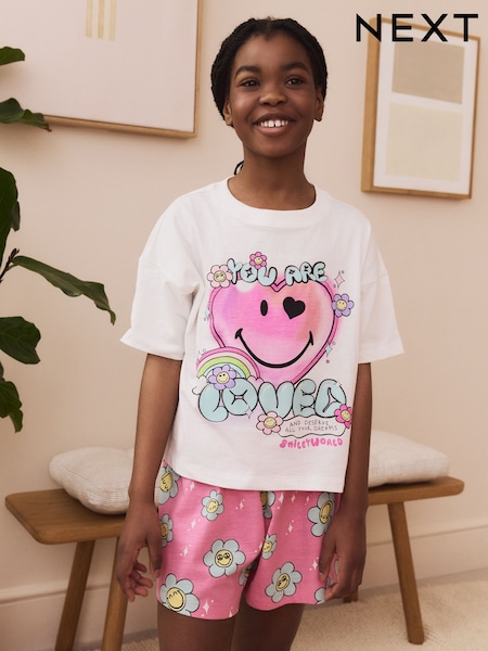 Pink/White 100% Cotton Smiley World Licence Short Pyjamas (3-16yrs) (AC1134) | £14 - £19