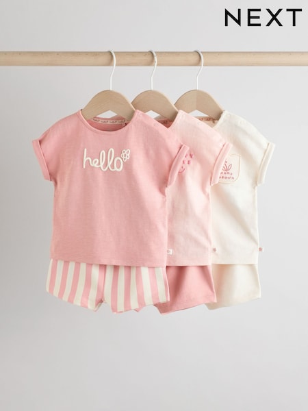 Pink/White Stripe Baby Short Sleeve T-Shirt and Shorts Set 6 Piece (AG4643) | £28 - £30