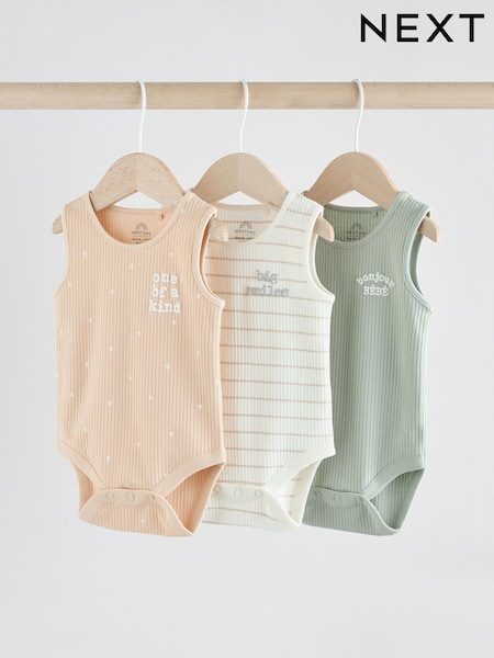 Neutral Brown/ Mint Green Slogan Baby Vest Bodysuits 3 Pack (AJ5591) | £10 - £12