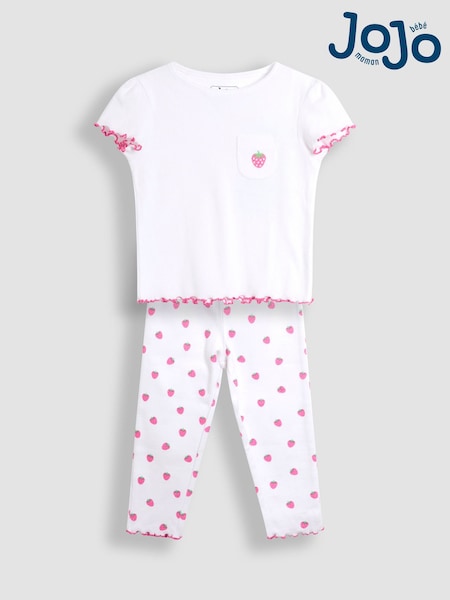JoJo Maman Bébé White 100% Cotton Strawberry Embroidered Rib Pyjamas (AT2021) | £21