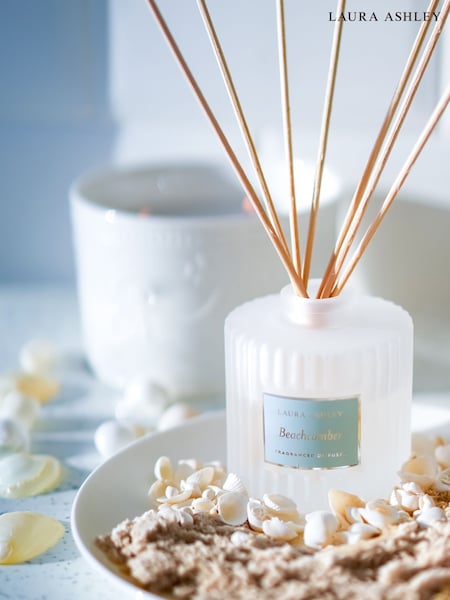 Laura Ashley Blue 100ml Frosted Round Ribbed Glass Diffuser Beachcomber (AT7769) | £15