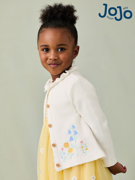 JoJo Maman Bébé Cream Floral Duck Applique Ruffle Collar 100% Cotton Cardigan (AU5376) | £26 - £29