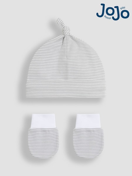 JoJo Maman Bébé Grey 2 Piece Baby 100% Cotton Hat and Mittens Set (AU6269) | £9.50
