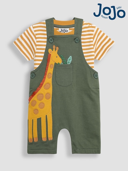 JoJo Maman Bébé Khaki Giraffe 2-Piece Appliqué Dungarees & T-Shirt Set (AU7935) | £28 - £29