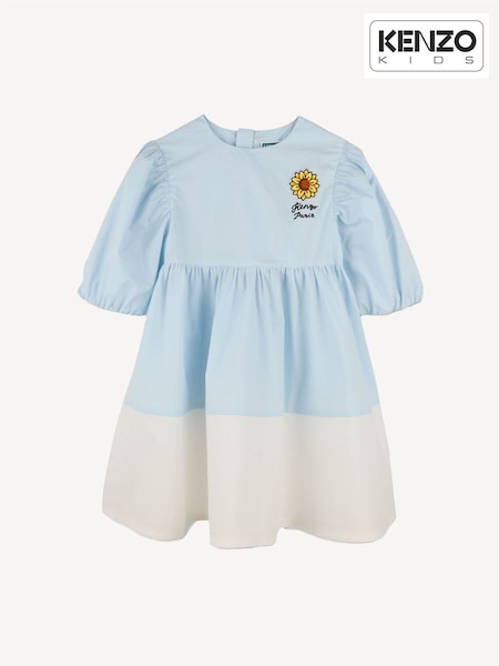 KENZO KIDS Blue Long Sleeve Sunflower 100% Cotton Dress (AY4024) | £165 - £180