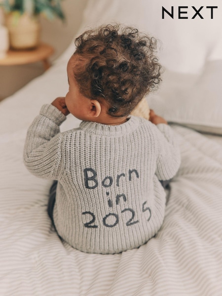 Grey Born In 2025 Baby Knitted 100% Cotton Cardigan (B00979) | £16