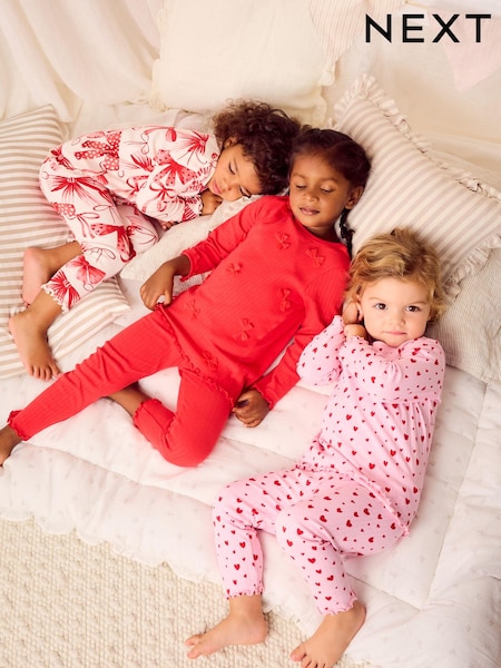 Red Bow/ Heart Long Sleeve Snuggle Pyjamas 3 Pack (9mths-16yrs) (B12259) | £27 - £38