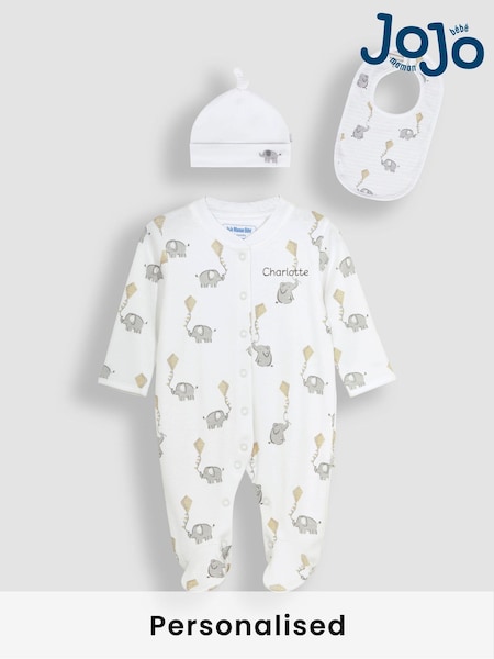 JoJo Maman Bébé White Personalised Sleepsuit Hats and Bibs Set 3 Pack (B12757) | £35.50