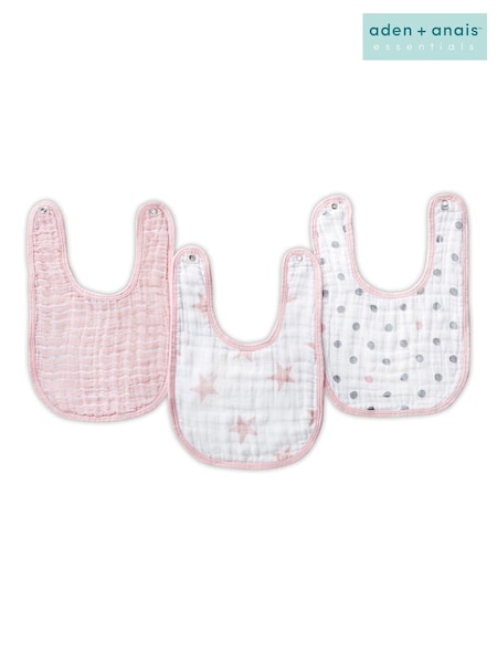 aden + anais Pink 100% Cotton Essentials Muslin Doll Snap Bibs 3 Pack (C61350) | £13