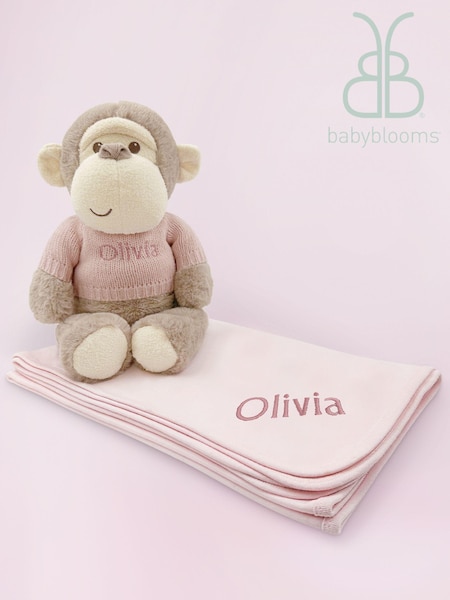 Babyblooms Pink Personalised Monkey Soft Toy with Snuggle Wrap Gift Set (D16325) | £56