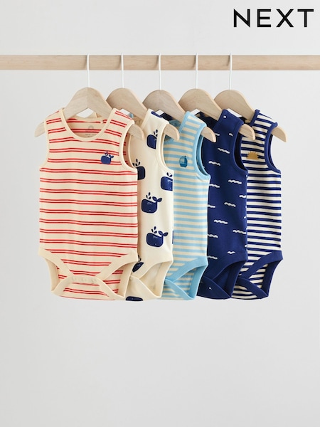 Blue/Red Stripe Nautical Baby Vest Bodysuits 5 Pack (E57850) | £16 - £18
