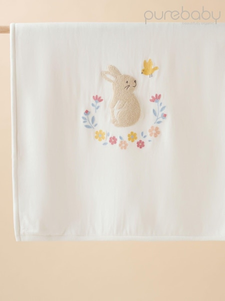 Purebaby Cream Embroidered Lined 100% Cotton Blanket (E68171) | £55