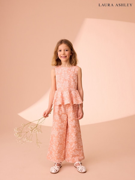 Laura Ashley Peach Pink Arlo Floral Peplum Top and Trousers Set (E92367) | £28 - £32