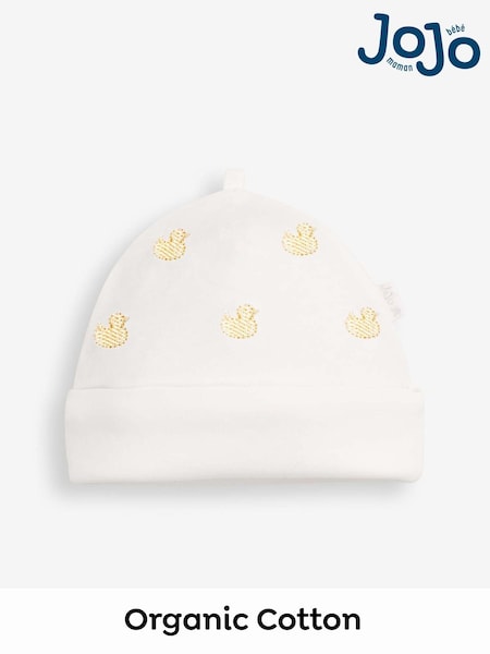 JoJo Maman Bébé White 100% Organic Cotton Duck Embroidered Baby Hat (F00197) | £5