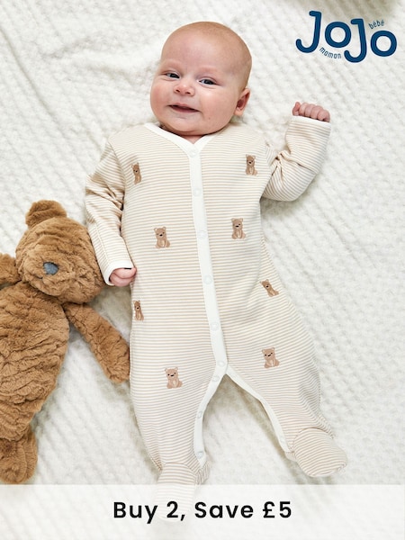 JoJo Maman Bébé Natural 100% Organic Cotton Bear Embroidered Sleepsuit (F04155) | £22