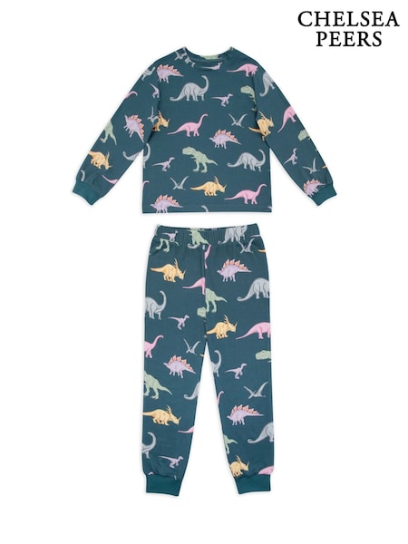 Chelsea Peers Blue Kids Dinosaur Print Long Pyjama Set (F14792) | £28