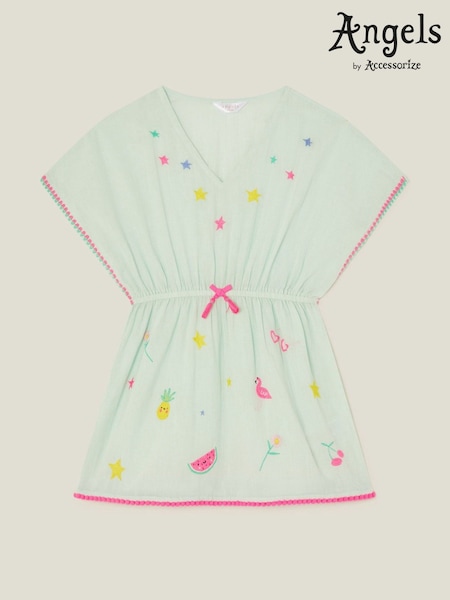 Angels By Accessorize Green Girls Star Embroidered 100% Cotton Kaftan (F25800) | £20 - £21
