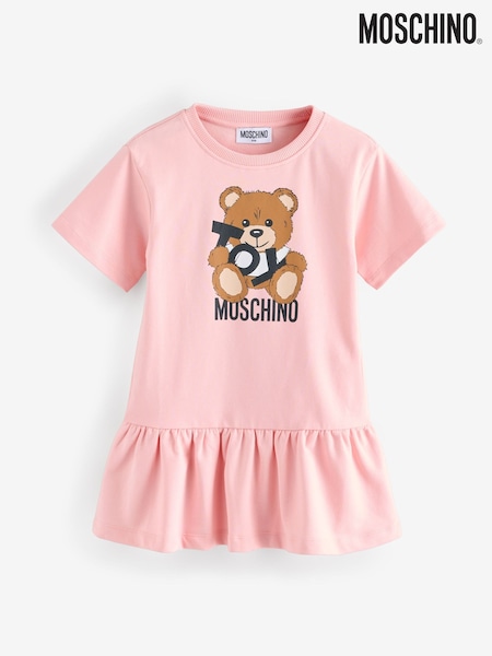 Moschino Pink Logo Jersey Short Sleeve Dress With Peplum Hem (F56921) | £85 - £94