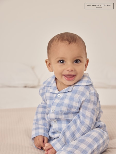 The White Company Blue 100% Cotton Crinkle Gingham Sleepsuit (F68694) | £30