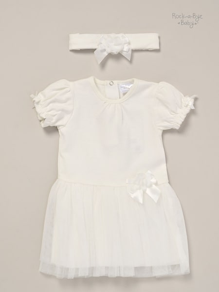 Rock-A-Bye Baby Boutique Rose Ribbon Detail Tutu White Dress and Headband Outfit Set (F85681) | £22