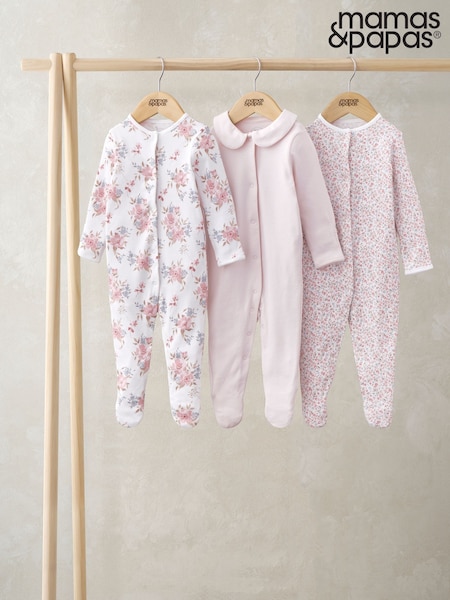 Mamas & Papas Floral Print 100% Cotton Sleepsuits 3 Pack (H14296) | £24