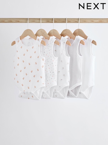 White Delicate Animal Baby Vest Bodysuits 5 Pack (K79885) | £11 - £13