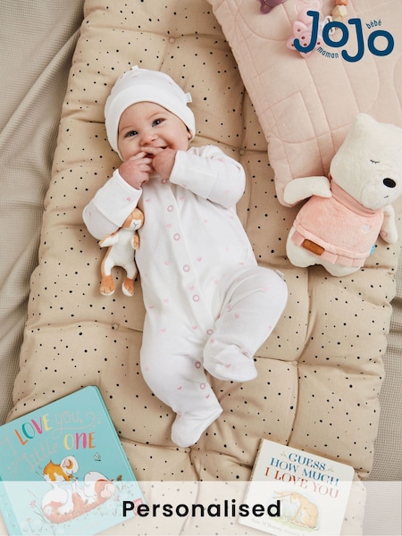 JoJo Maman Bébé Pink Heart Personalised Embroidered Cotton Baby Sleepsuit (N00962) | £27