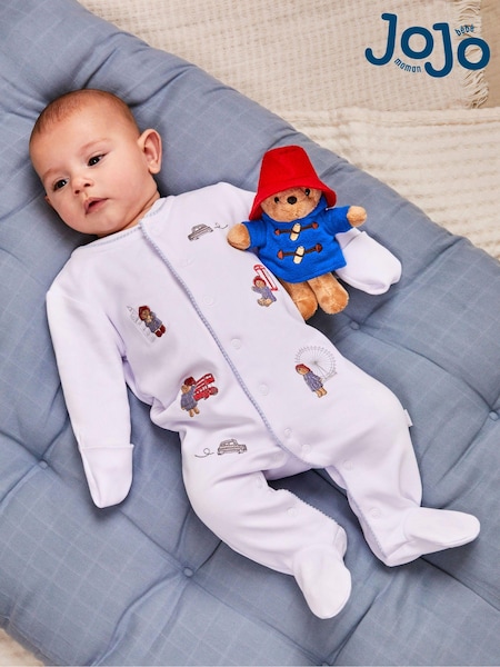 JoJo Maman Bébé White Paddington Embroidered Sleepsuit & Hat Set (N49451) | £28