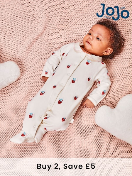 JoJo Maman Bébé Red Strawberry Embroidered Cotton Baby Sleepsuit (Q57312) | £22