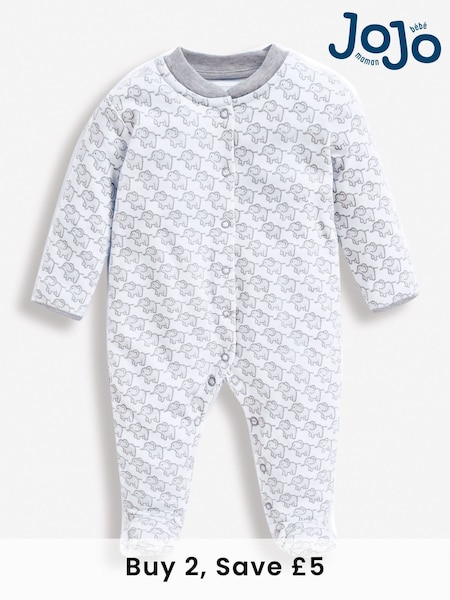 JoJo Maman Bébé Grey Little Elephant Cotton Baby Sleepsuit (U06721) | £21