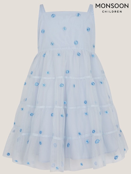 Monsoon Blue Baby Thea Embroidered Back-Bow Tiered Dress (W24967) | £42 - £44