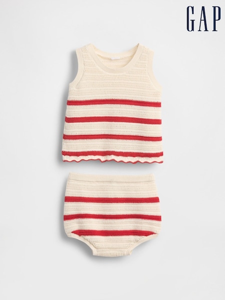 Gap White/Red Stripe Cotton Crochet Sleeveless Top & Shorts Set (Newborn-24mths) (W31249) | £30