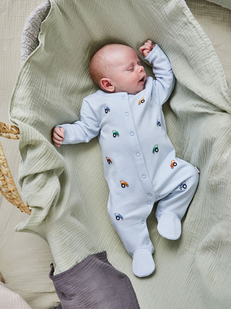 JoJo Maman Bébé Blue Tractor Embroidered Cotton Baby Sleepsuit - Image 1 of 5