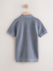 Blue 100% Cotton Short Sleeve Knitted Popper Polo Shirt (3-16yrs) - Image 4 of 4