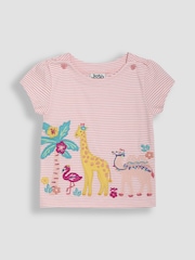 JoJo Maman Bébé Coral Pink Safari Animal Print Appliqué 100% Cotton T-Shirt - Image 1 of 3