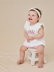 JoJo Maman Bébé Pink Embroidered Flopsy Bunny Frill Broderie 100% Cotton Romper - Image 1 of 8