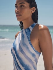 Cream/Blue Tiedye Essential High Neck Shaping Swimsuit - Image 6 of 8
