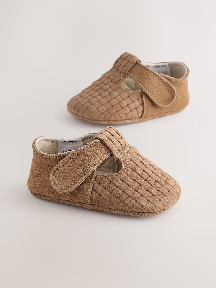 Tan Woven Suede Baby Leather T-Bar Shoes (0-24mths) - Image 1 of 5
