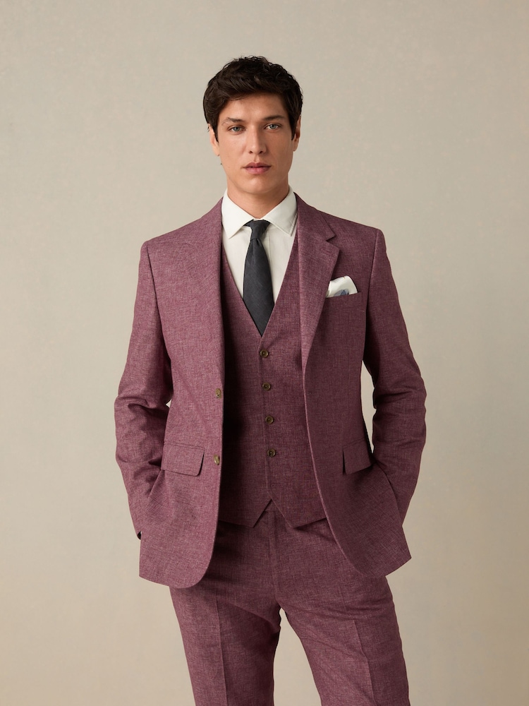 Pink Tailored Fit Linen Blend Texture Suit Jacket - Image 1 of 5