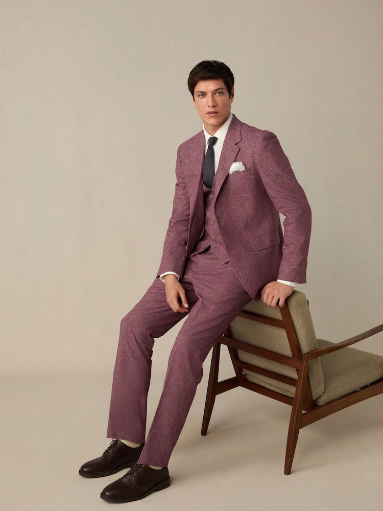 Pink Tailored Fit Linen Blend Texture Suit Jacket - Image 2 of 5